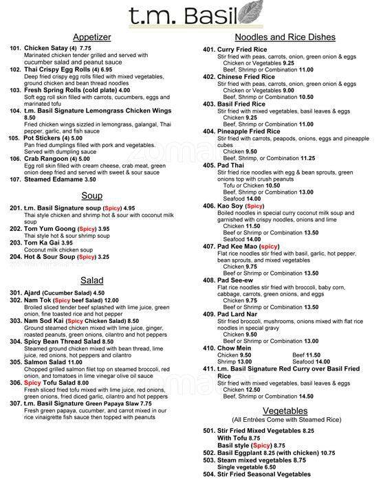 t.m. Basil Menu, Menu for t.m. Basil, Oak Brook, Chicago Urbanspoon
