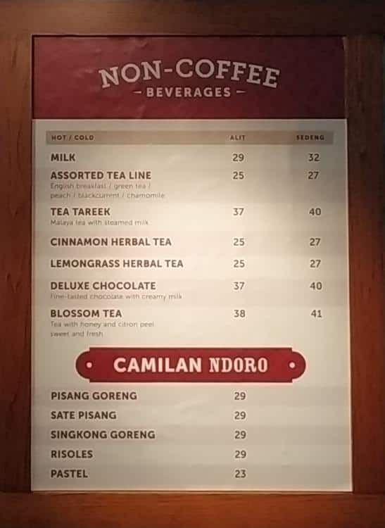 Menu at Bengawan Solo Coffee cafe, Jakarta, SPBU Coco Pertamina