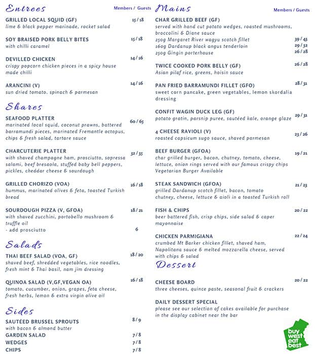 east fremantle yacht club menu