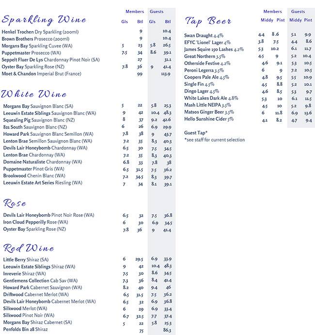 east fremantle yacht club menu specials