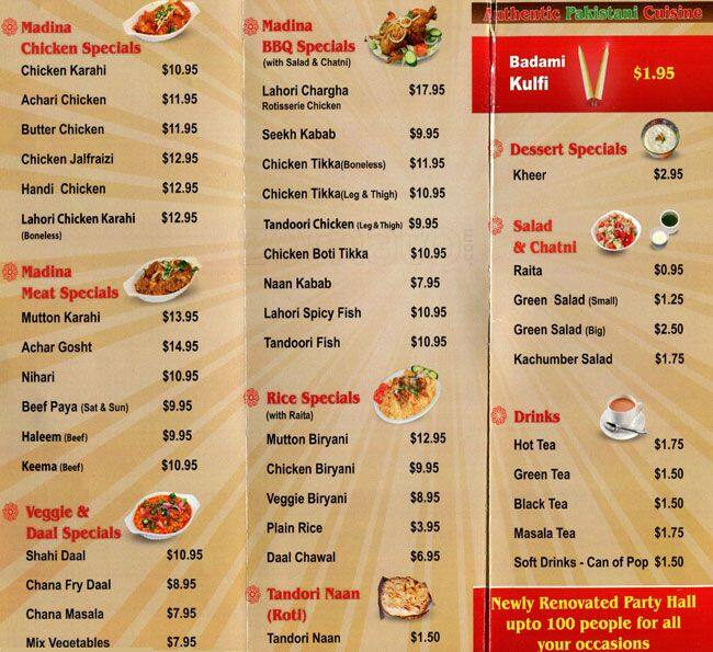 Madina Restaurant menu, Menu restauracji Madina Restaurant, North Delta