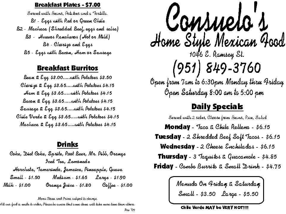 Consuelos Mexican Restaurant Menu Consuelos Mexican Restaurant Menu