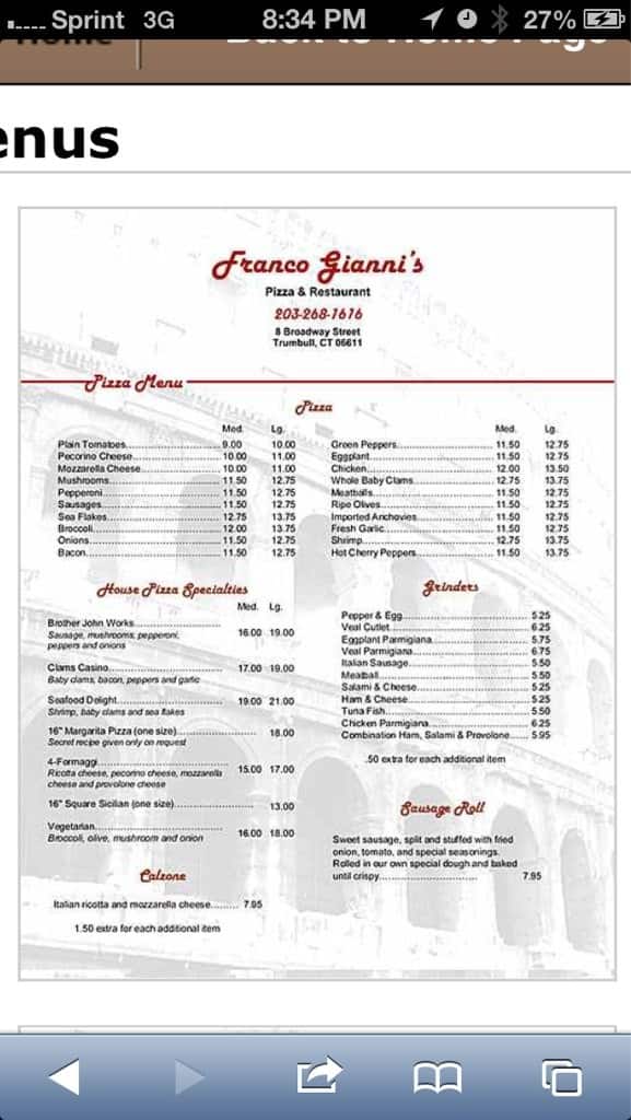 Franco Gianni's Pizza Menu Urbanspoon/Zomato