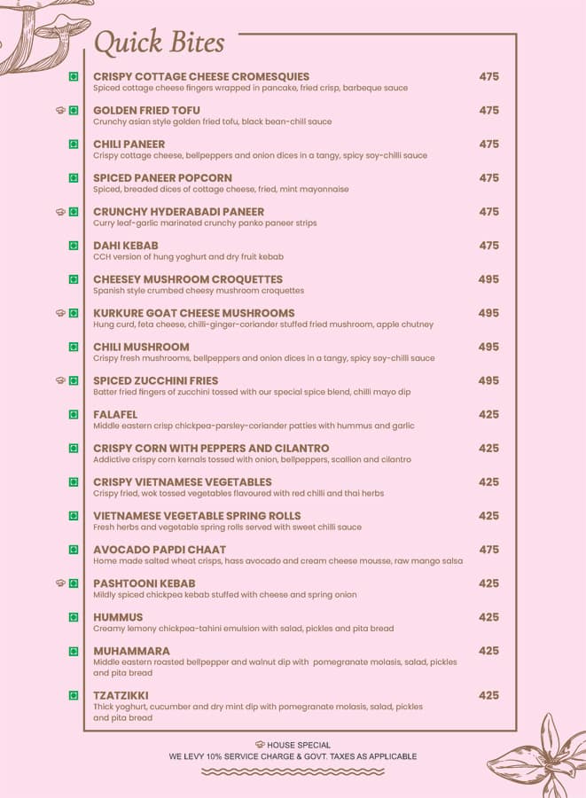Menu of Connaught Club House, Janpath, New Delhi