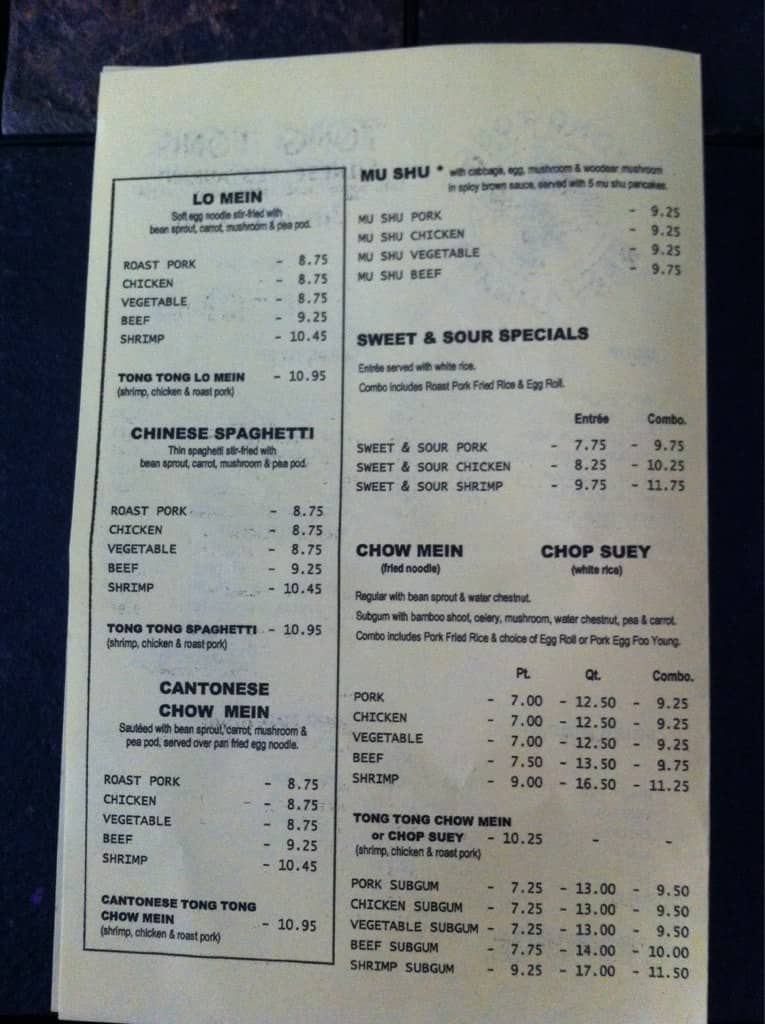Menu at TongTong restaurant, Stow