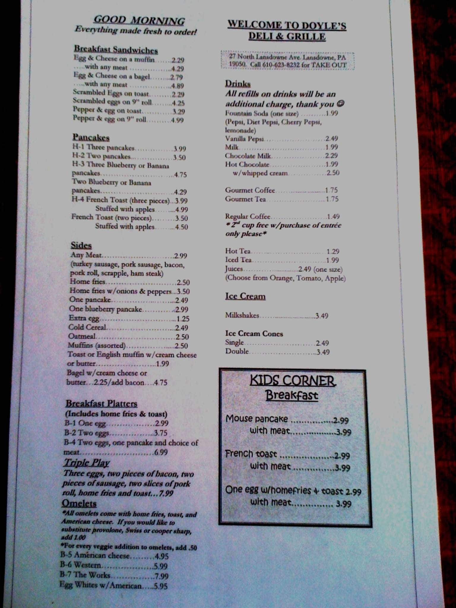 Menu at Doyle's Deli restaurant, Lansdowne