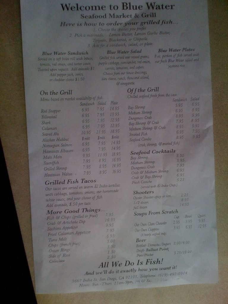 Menu at Blue Water Seafood Market & Grill restaurant, San Diego