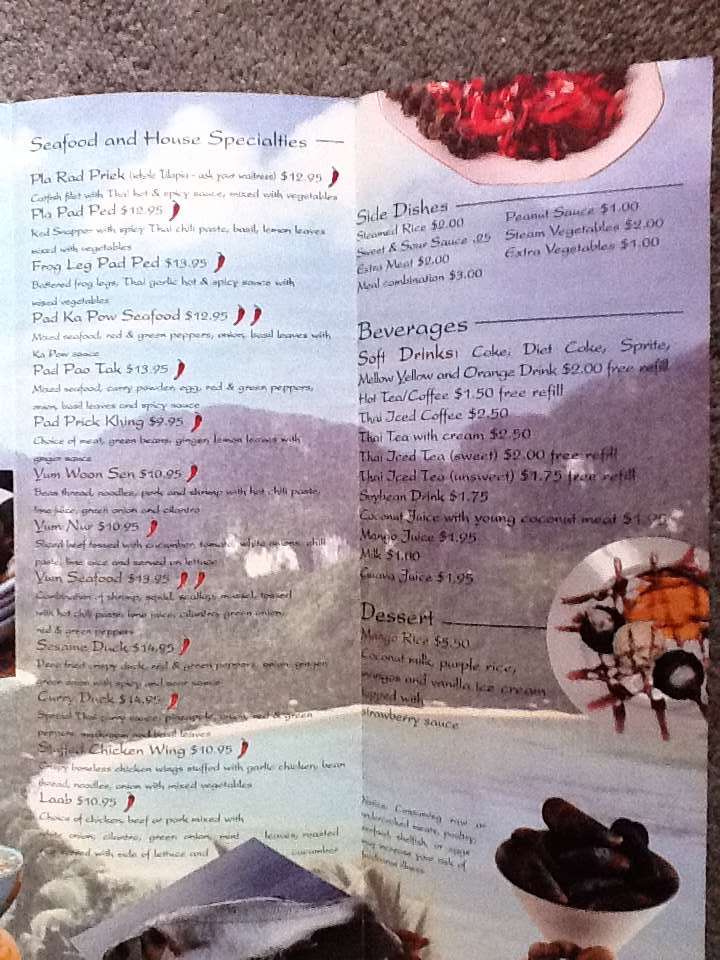Menu at Thai Jasmine restaurant, Lima