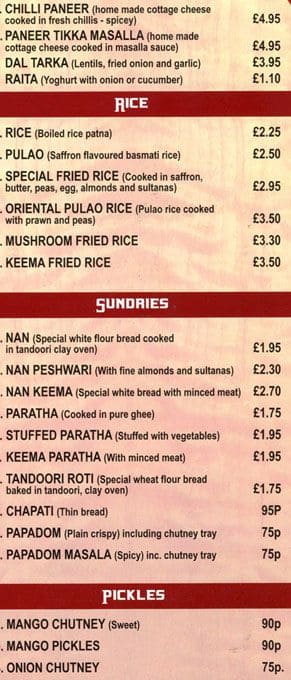 Paramount Tandoori menu