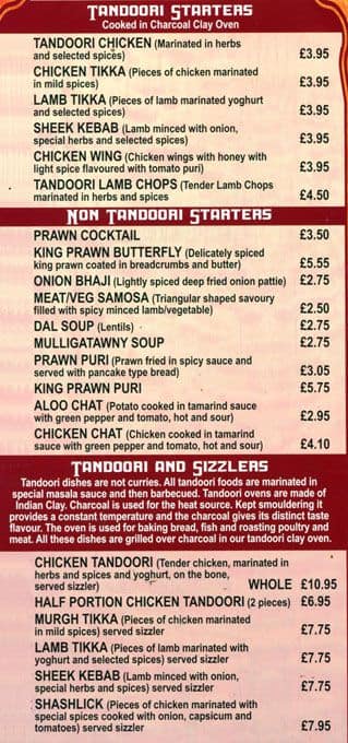Paramount Tandoori menu