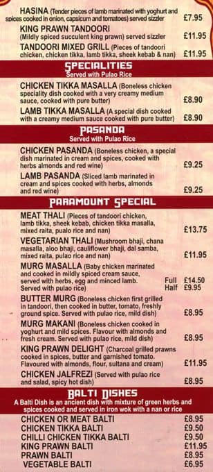 Paramount Tandoori menu