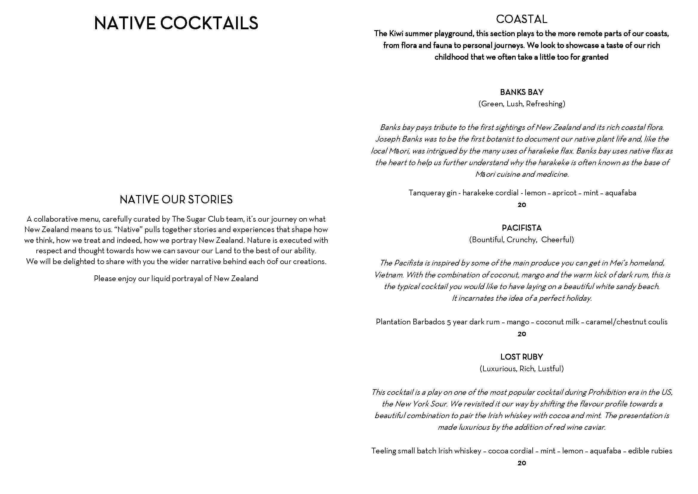 Menu at The Sugar Club, Auckland, Corner of Federal and Victoria