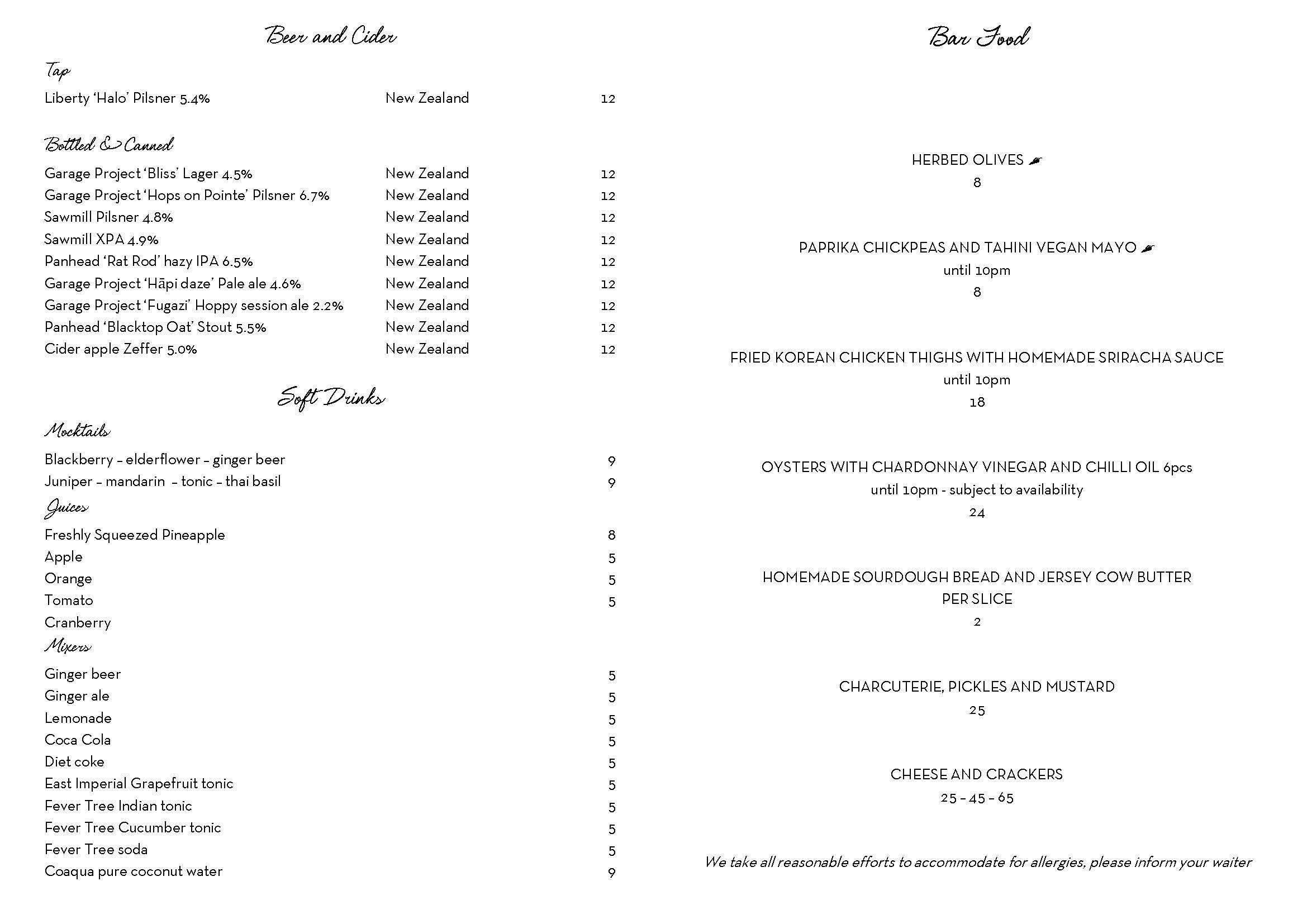 Menu at The Sugar Club, Auckland, Corner of Federal and Victoria