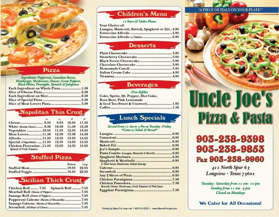 Menu at Uncle Joe's Pizza & Pasta Subs pizzeria, Longview