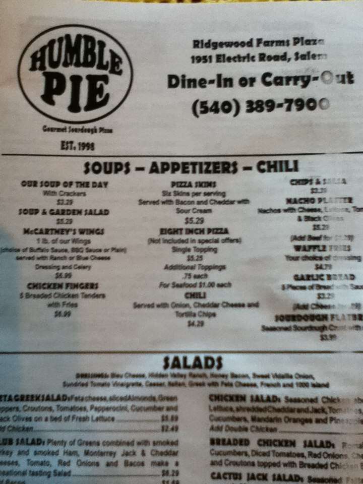 humble pie menu