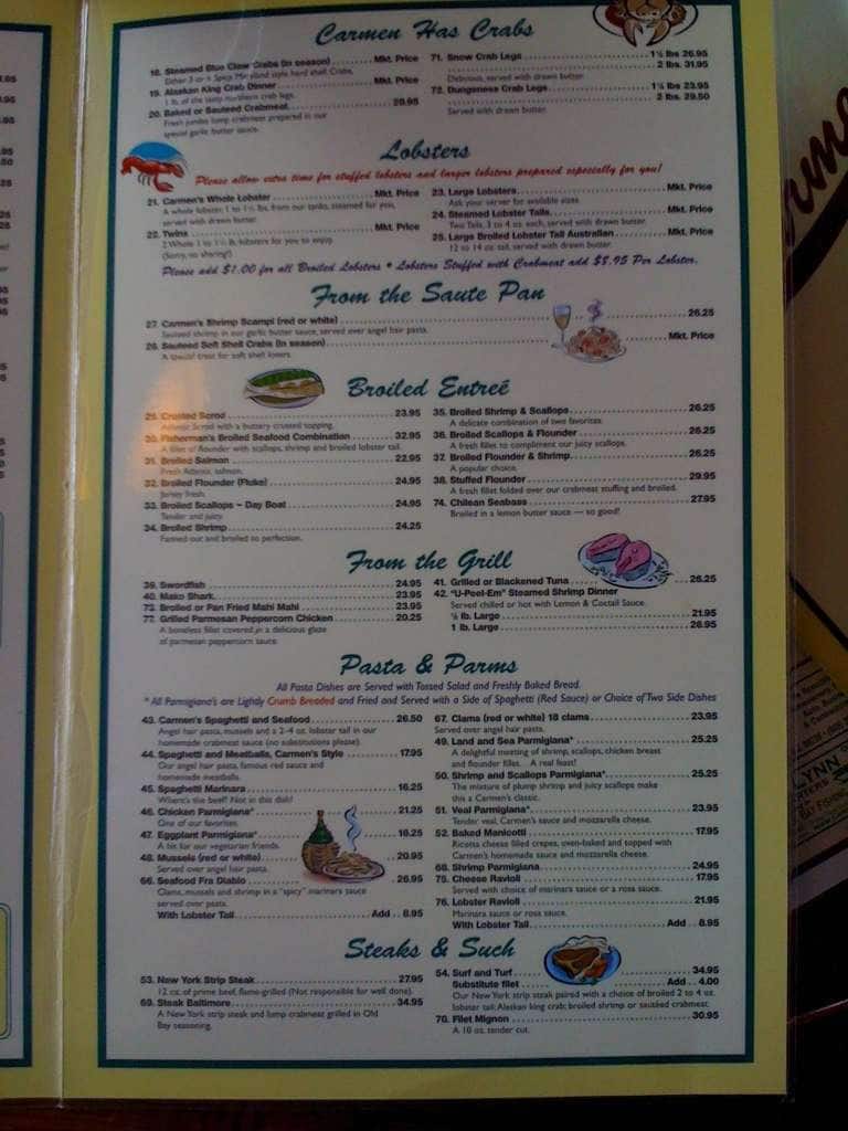 Menu at Carmen's restaurant, Sea Isle City