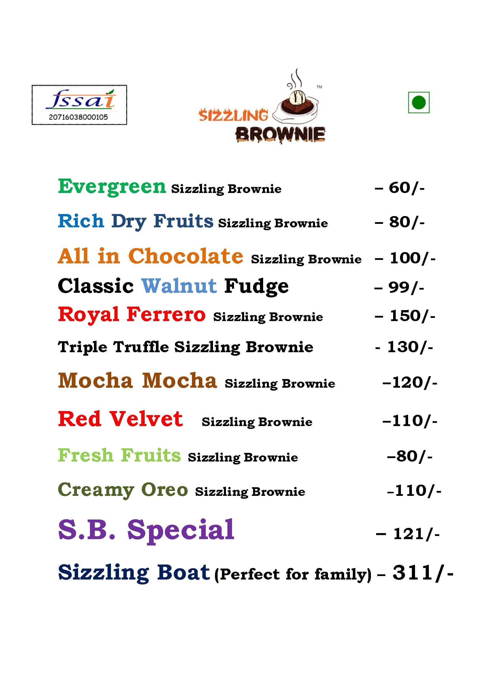 Sizzling Brownie Menu, Menu for Sizzling Brownie, Bodakdev, Ahmedabad