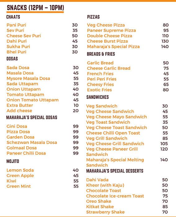 Menu of Maharaja's, Vasai, Mumbai