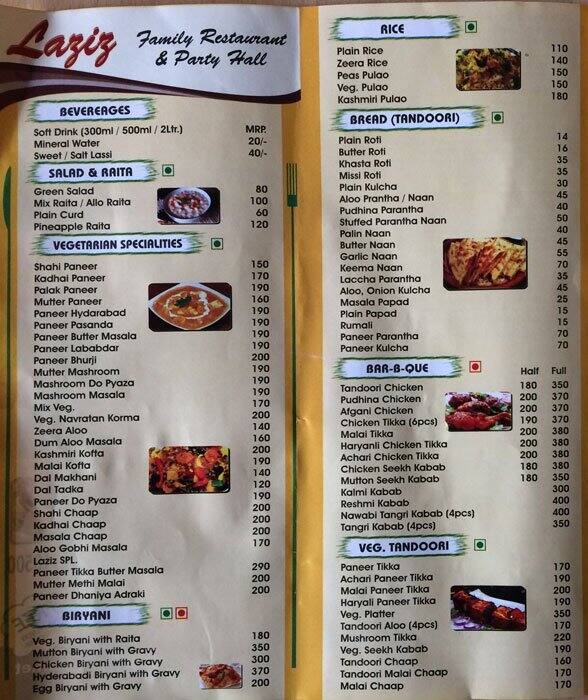 Laziz Family Restaurant Menu, Menu for Laziz Family Restaurant, Palam