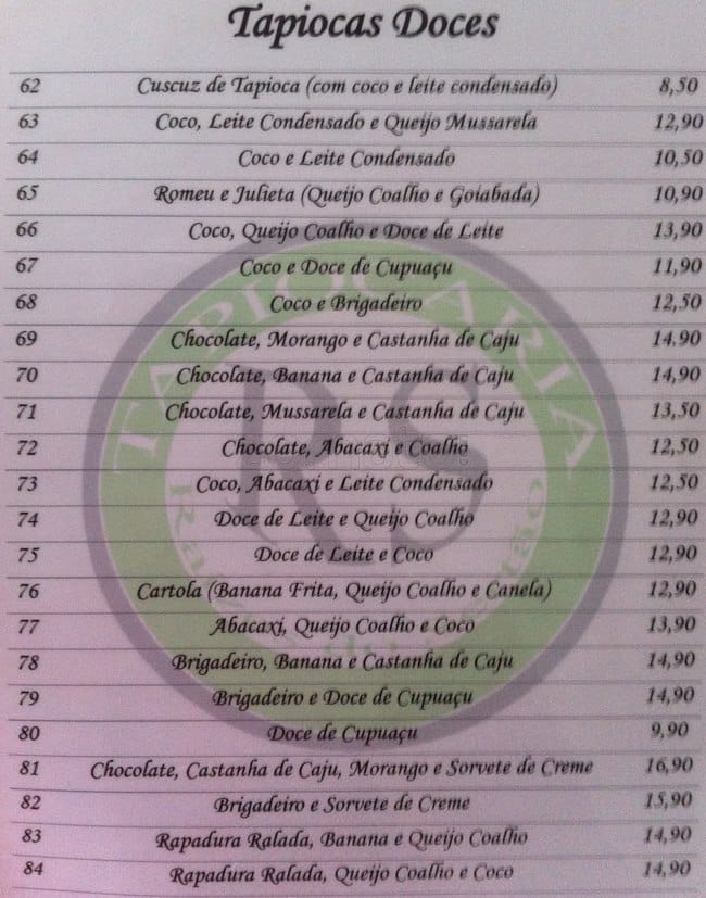 Tapiocaria Raízes do Sertão cardápio