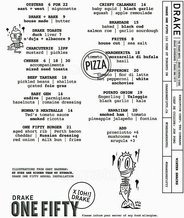 Menu de Drake One Fifty