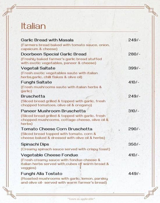 Doorbeen Restaurant menu