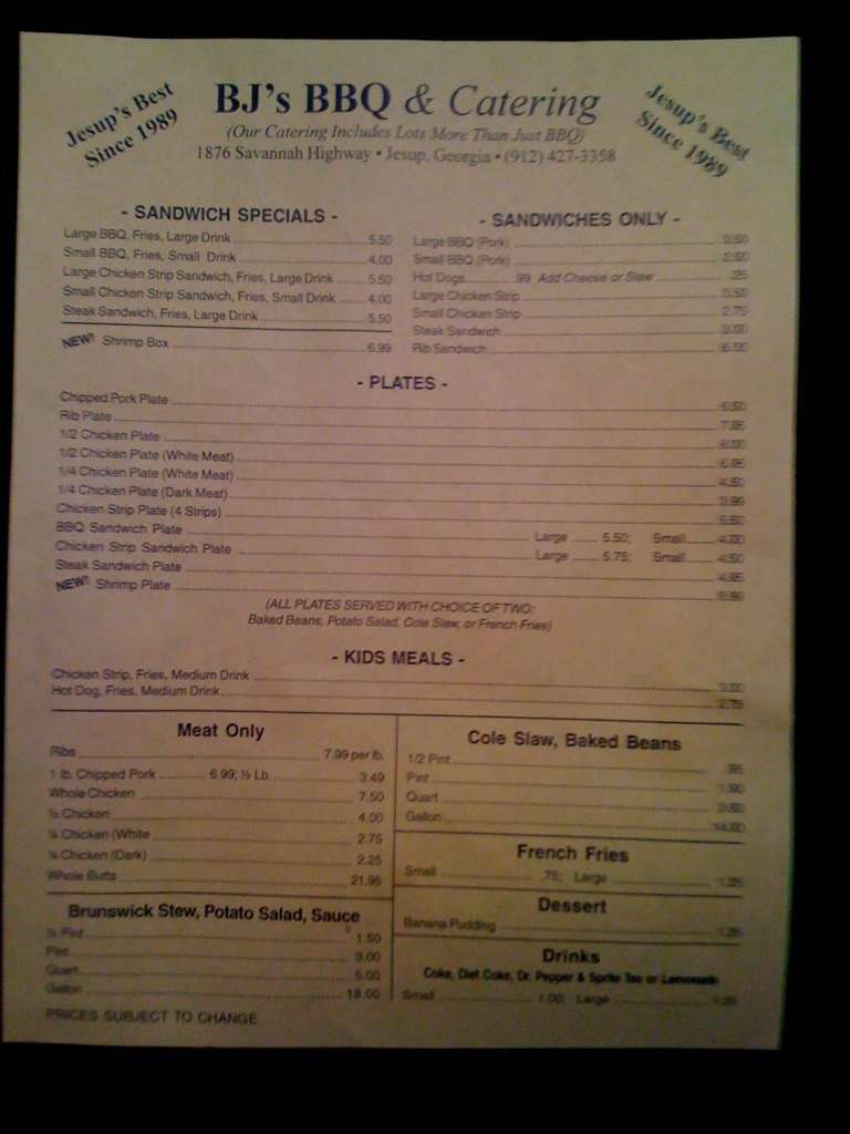 B J S q Menu Menu For B J S q Jesup Jesup