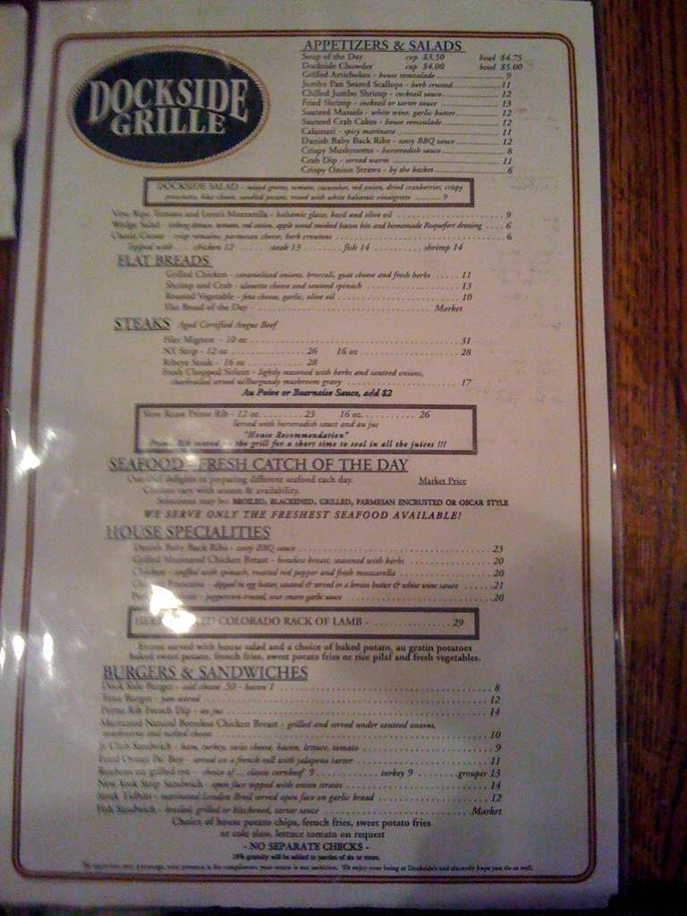 Dockside Grille Menu, Menu for Dockside Grille, Vero Beach, Treasure