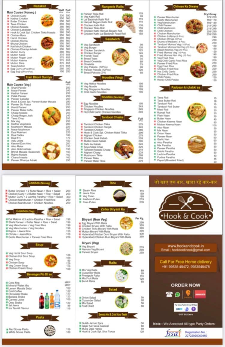 Menu of Hook & Cook, Sector 72, Noida