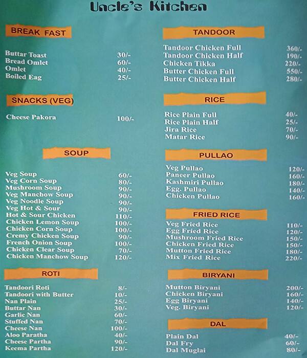 Uncles Kitchen menu