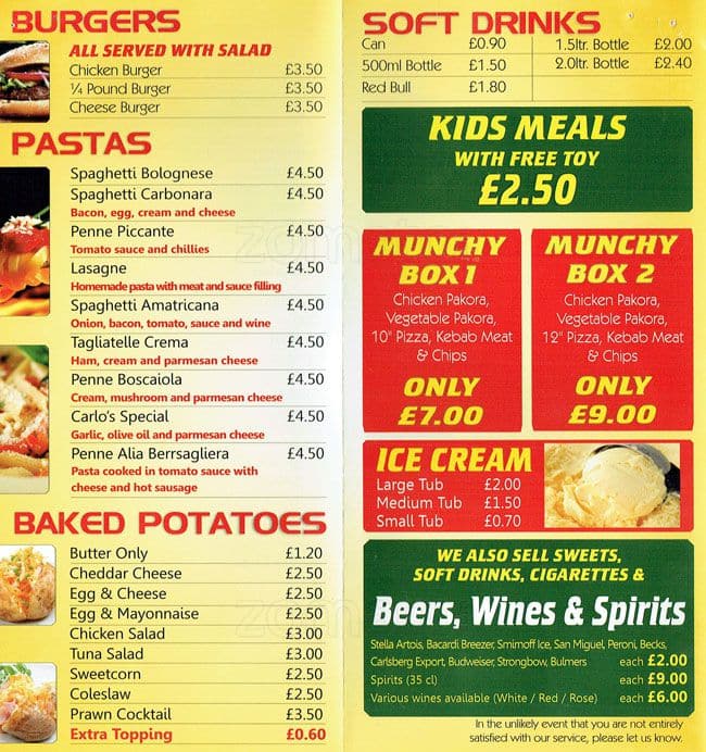 Menu at Kingfisher fast food, Edinburgh, 69-71 Bread St