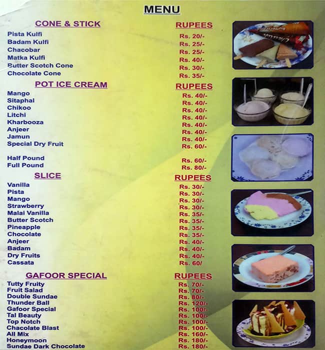 GafoorIceCream menu