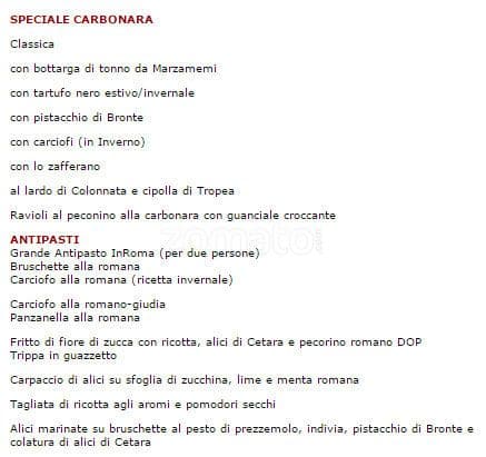 Menu di In Roma dal 1917 - Famous in the world for Carbonara 