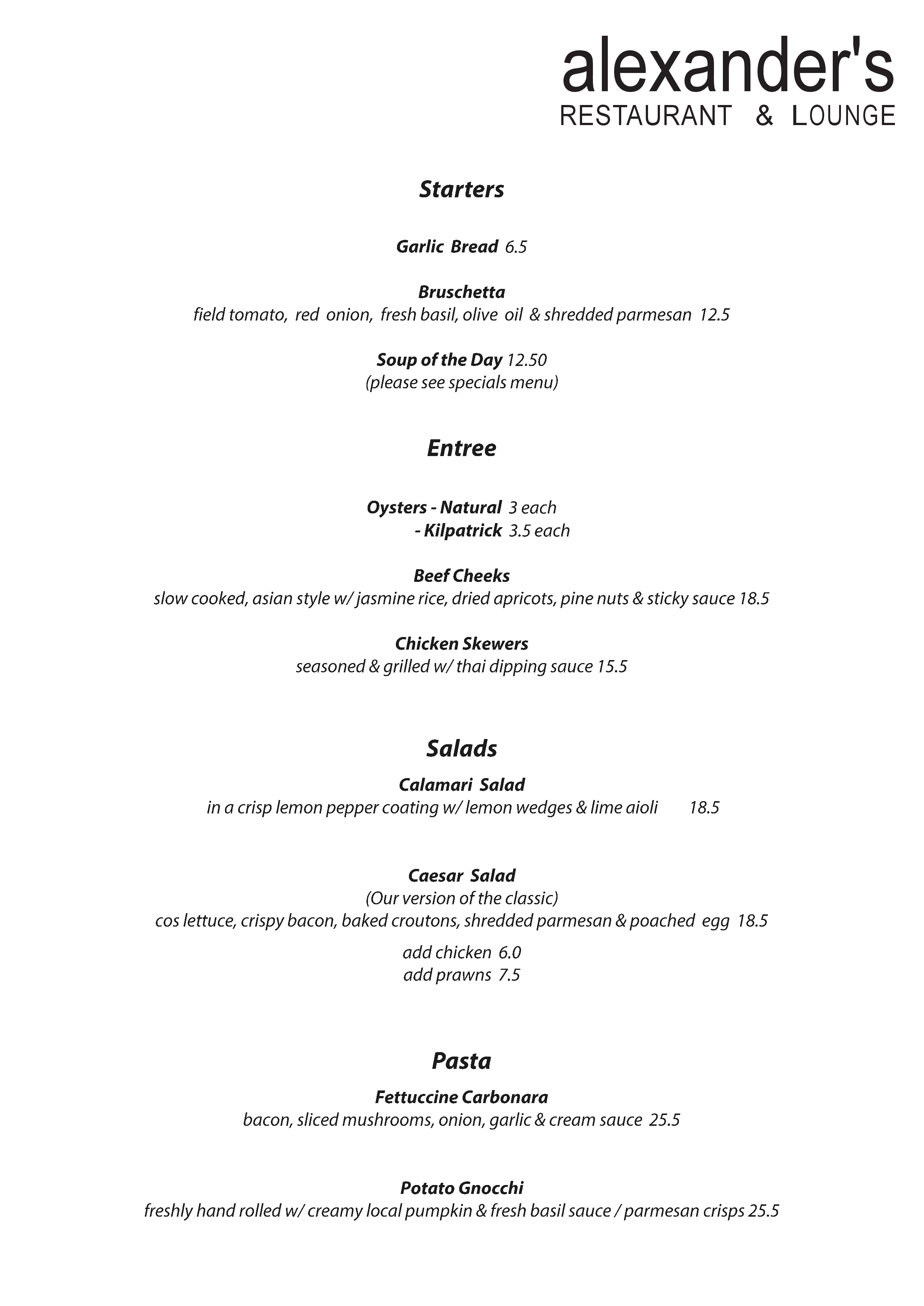 Alexander's Restaurant Menu - Urbanspoon/Zomato