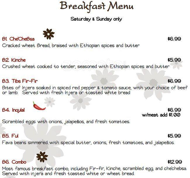 Menu at Addis Ababa restaurant, Richardson