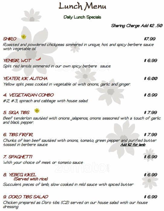 Menu at Addis Ababa restaurant, Richardson