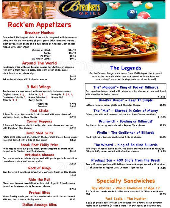 Breakers Grill menu, Menu restauracji Breakers Grill, Longmont, Denver