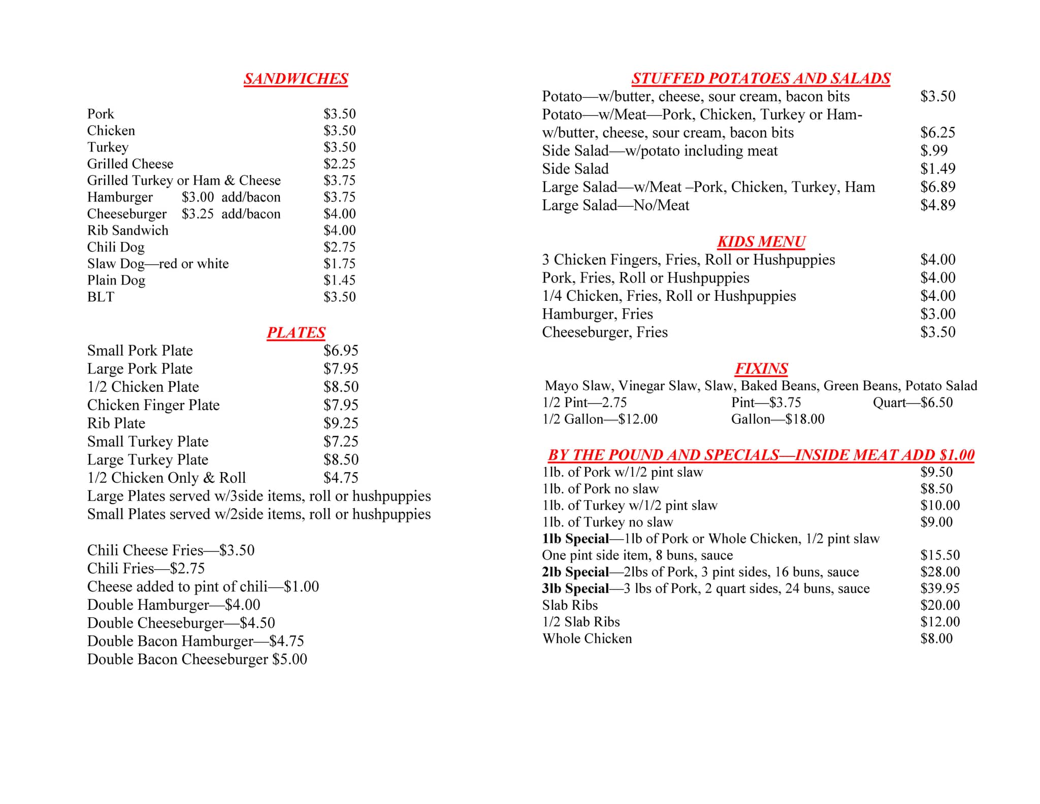 Ole Dad's BBQ Menu, Menu for Ole Dad's BBQ, Hazel Green, Huntsville