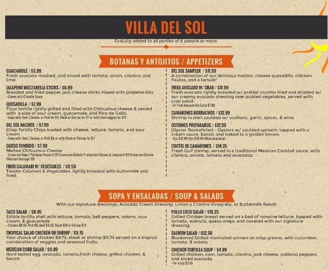 Menu at Villa del Sol restaurant, Merrillville, W Lincoln Hwy