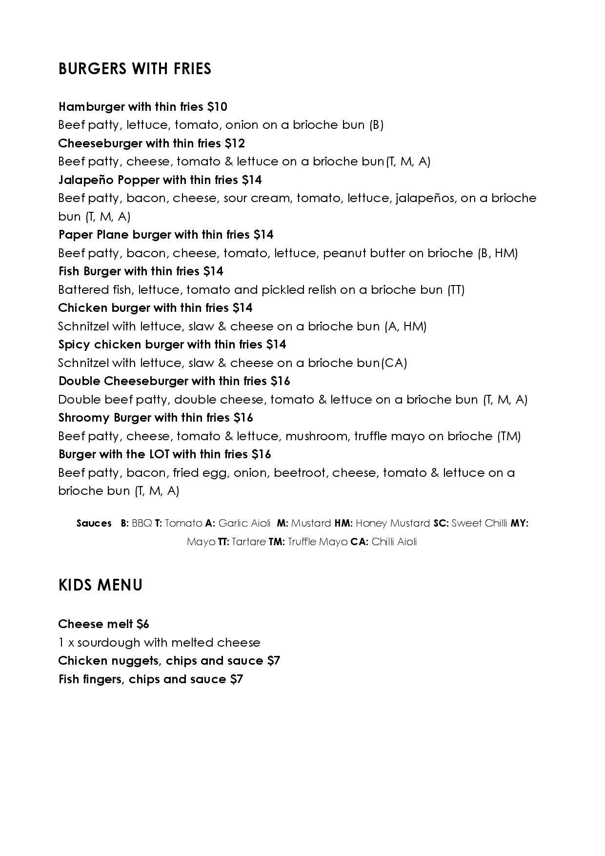 Menu at Paper Plane Factory cafe, Girraween