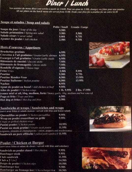 RestoBar au RendezVous Menu, Menu for RestoBar au RendezVous