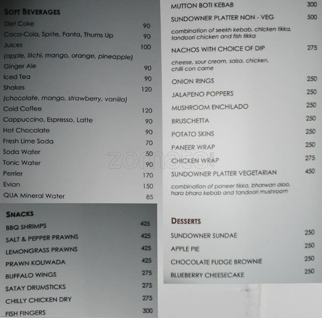 Menu at Sundowner, New Delhi, Hotel Vista