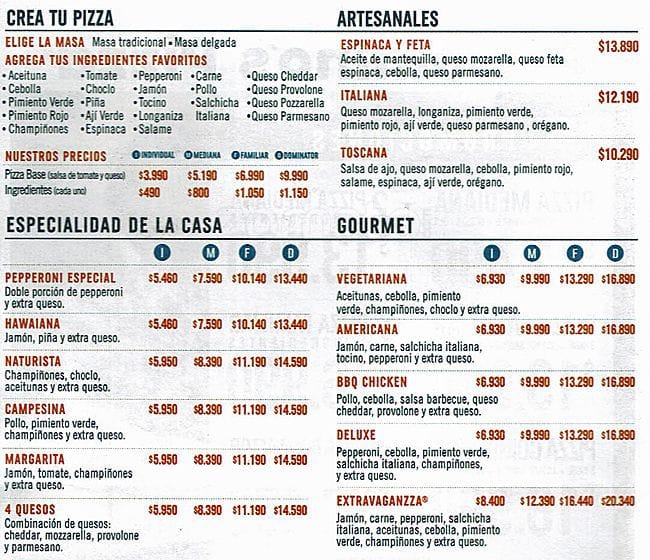 Domino S Pizza Menu Menu For Domino S Pizza Lo Barnechea Santiago