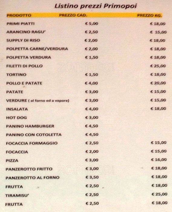 Menu di Prima o Poi Milano 