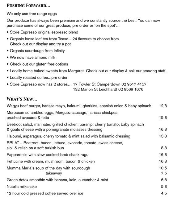 Store Espresso Menu,Menú para Store Espresso, Camperdown, Sydney Urbanspoon/Zomato