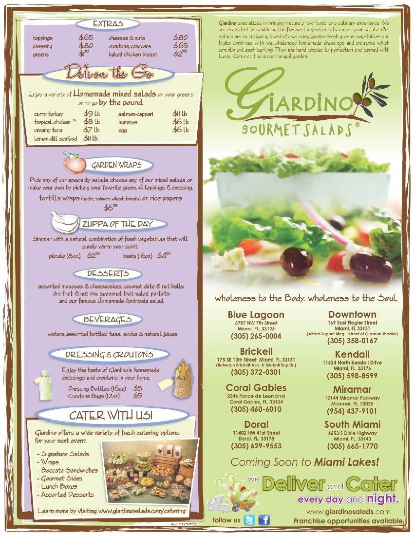 Giardino Gourmet Salads menu, Menu restauracji Giardino Gourmet Salads