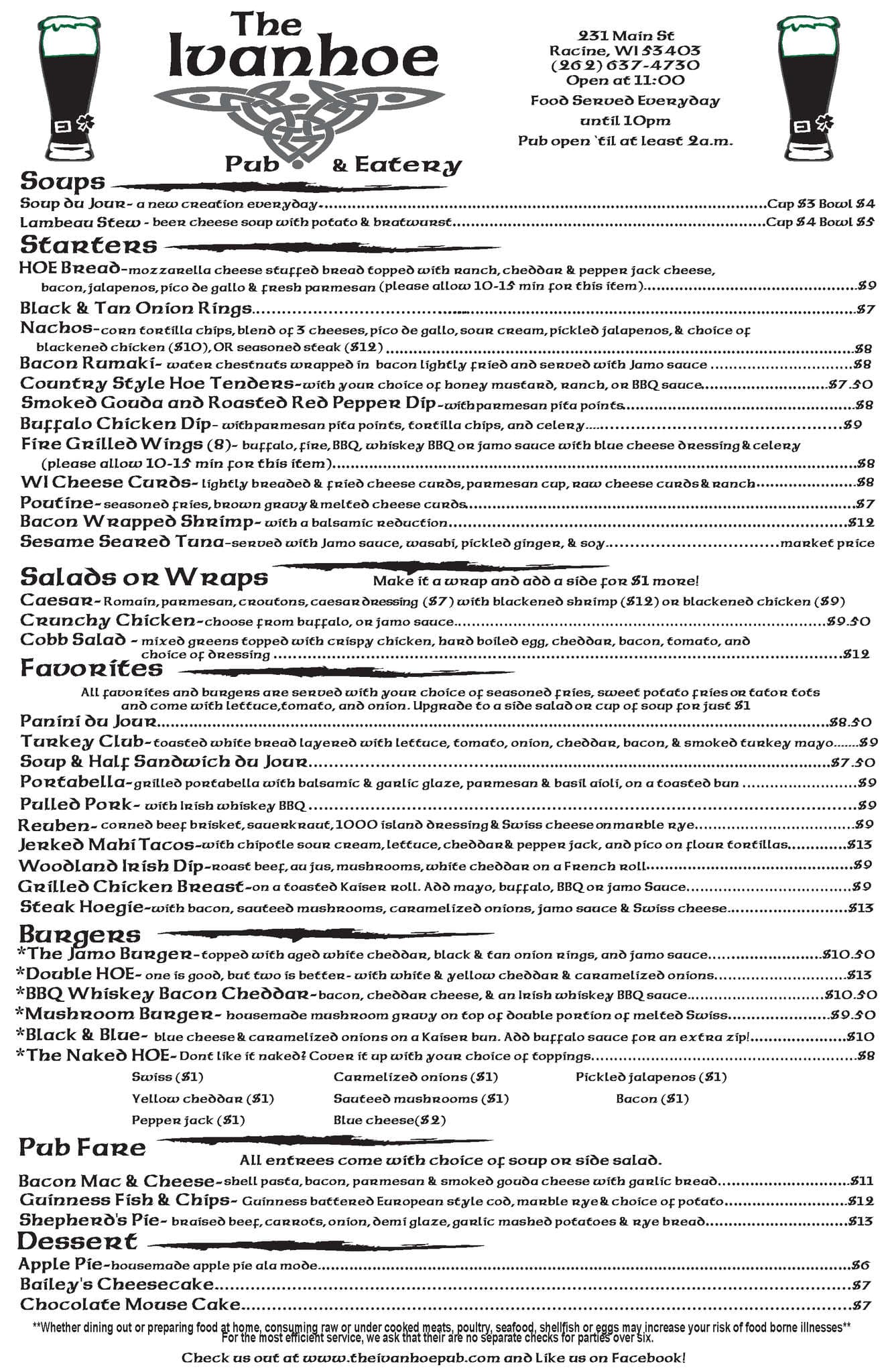Menu at The Ivanhoe Pub & Eatery, Racine
