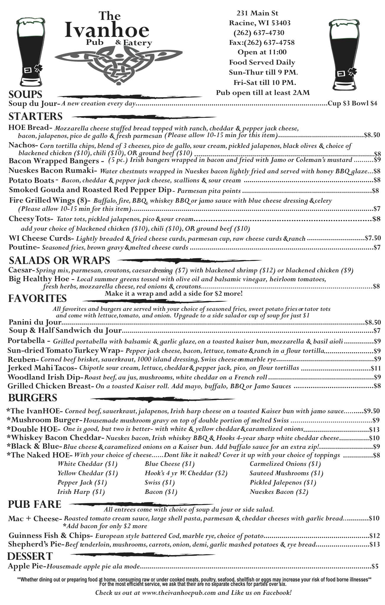 Ivanhoe Pub & Eatery Menu, Menu for Ivanhoe Pub & Eatery, Racine
