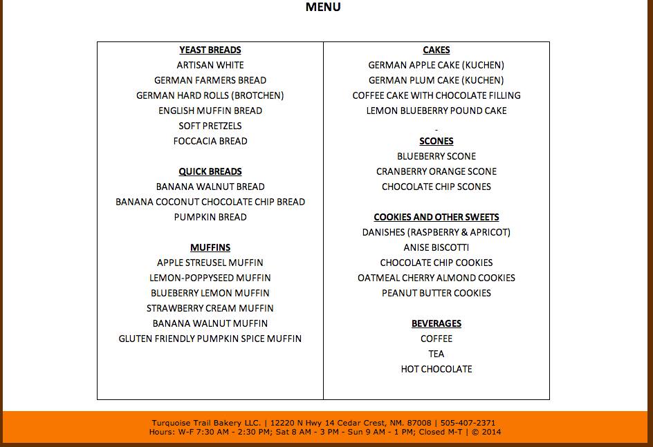 Turquoise Trail Bakery Menu, Menu for Turquoise Trail Bakery, Cedar