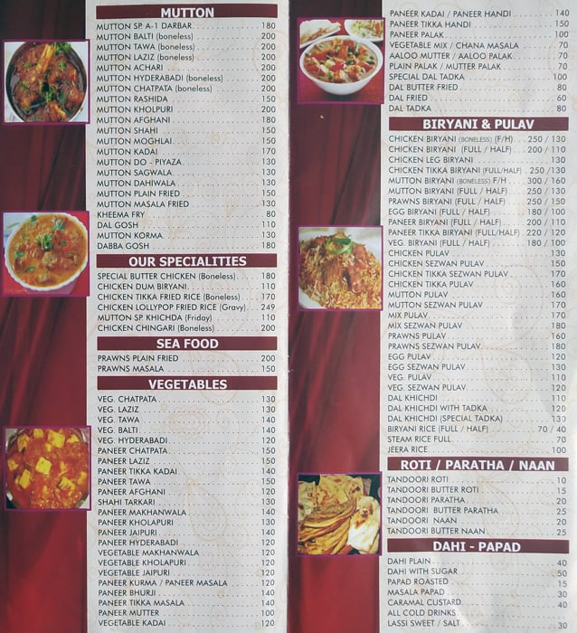 Hotel A-1 Darbar Restaurant menu
